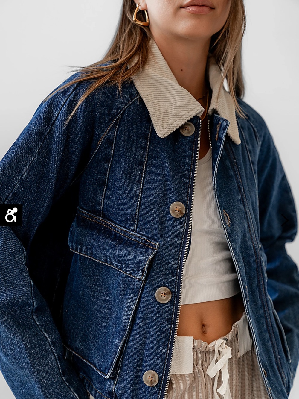 Denim Jacket with corduroy Collar - Dark Blue - Picture 2 of 3